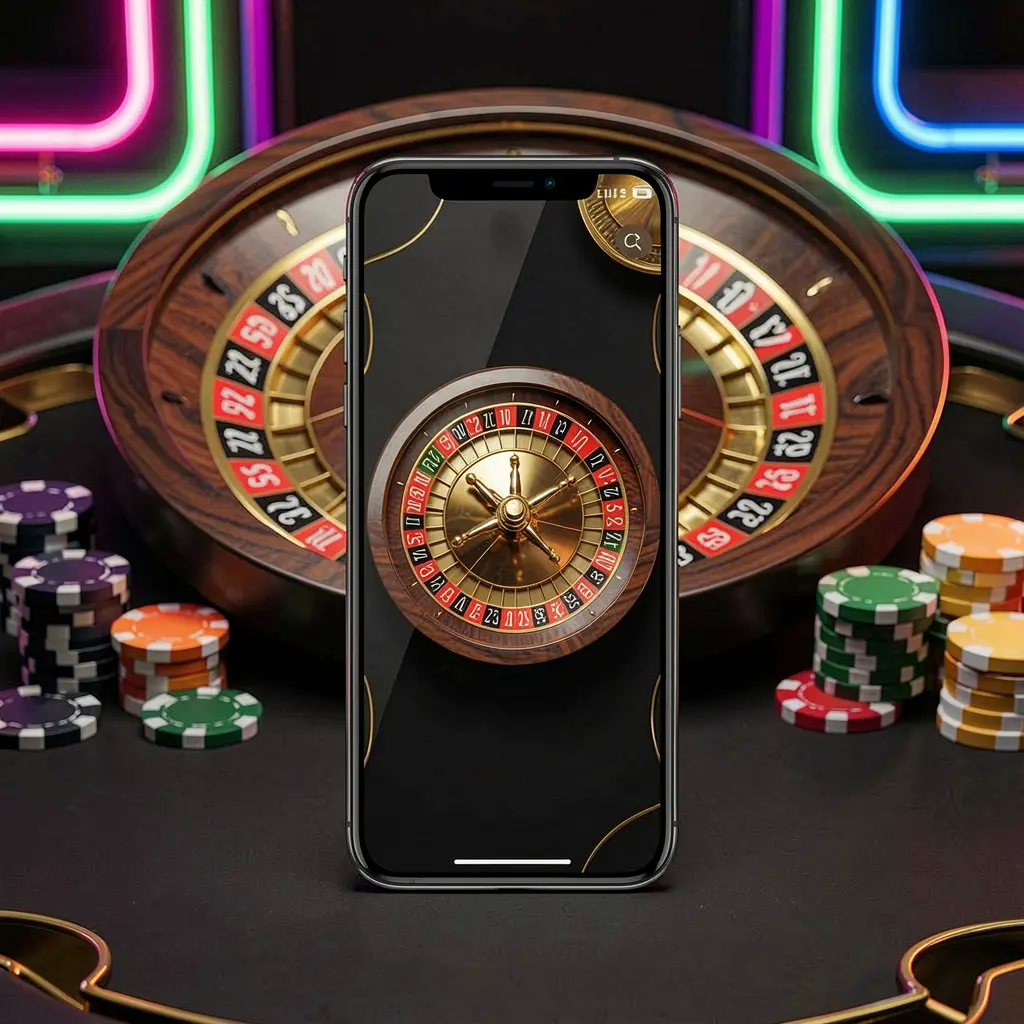 EX66 mobile casino application scene featuring a phone in the center with a roulette wheel and poker chips in the background, illuminated by glowing neon lights in a premium black and gold style
