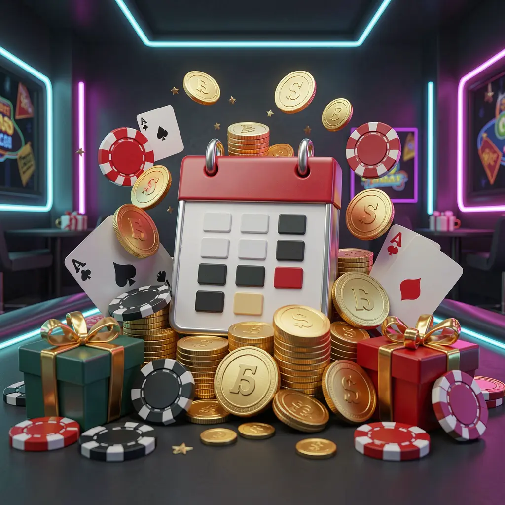 EX66 weekly online casino bonus concept with a calendar icon surrounded by golden coins, gift boxes, poker chips, and playing cards in a festive casino atmosphere with neon lights on a dark modern background