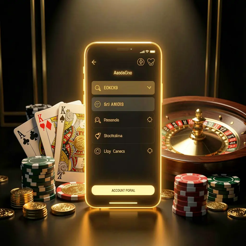 EX66 online casino account portal displayed on a glowing smartphone with premium cards, chips, roulette wheel, and coins against a black and gold background with cinematic lighting in a realistic 3D render