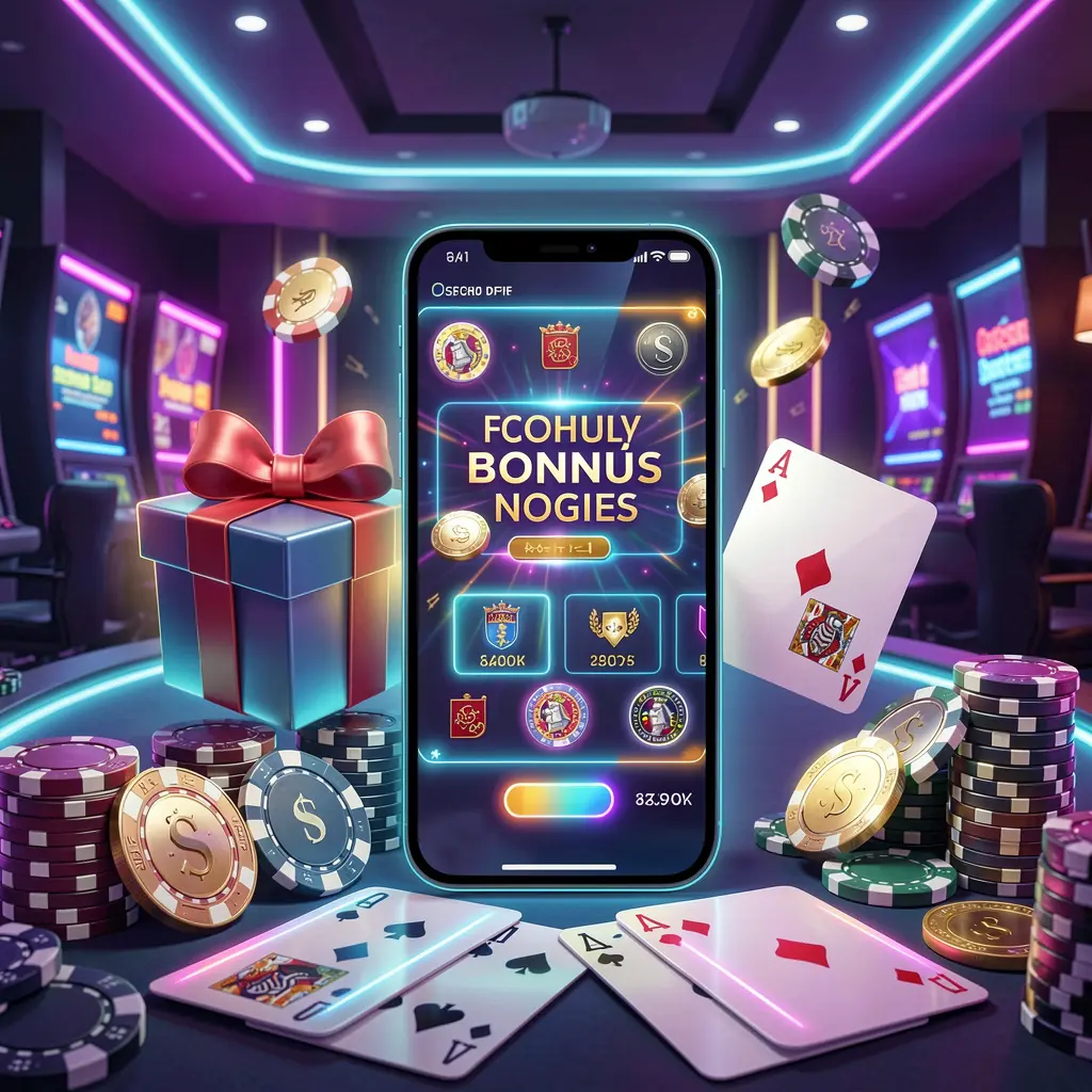 Modern casino website hero scene featuring a smartphone with a glowing interface surrounded by bonus gift box, chips, coins, and playing cards in premium neon casino style, showcasing EX66's responsible gaming environment